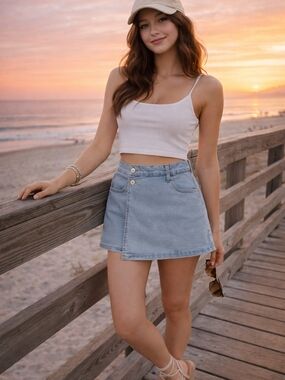 BCBGeneration Light Blue Denim Skort with Button Front Pockets L